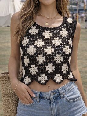 Crochet Granny Square Top Brown Cream Boho Indie Festival Y2K Knit Tank XS/S